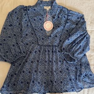 Umgee Navy and Light Blue Printed Peasant Tunic